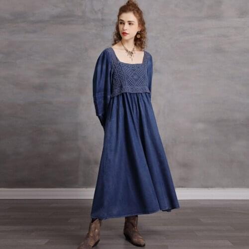FairyNatural Ladies Retro Denim Cotton Hollow Out Dresses Set Lantern Sleeve Spring Autumn Blue Loose Fake Two Piece Dresses