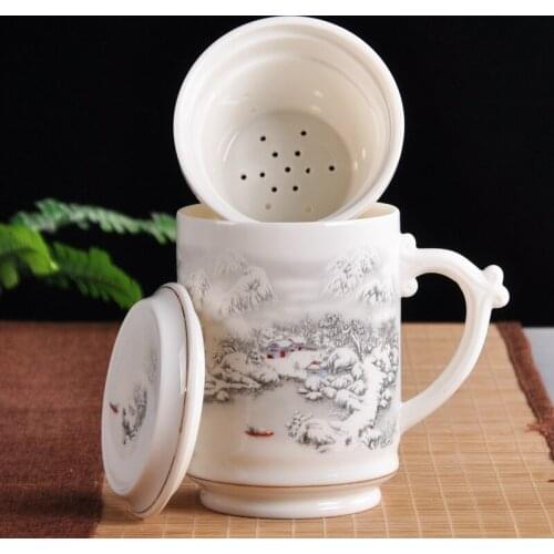 Ceramic straight cup with liner for making tea, office cup with filter and lid