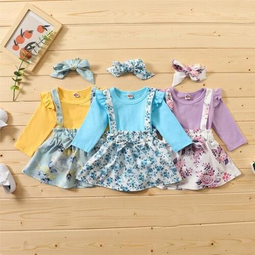 Toddler Baby Girls 3 Pcs Skirts Outfits, Long Sleeve Shirt Top + Suspender Floral Printed Skirt + Bowknot Headband Spring Autumn
