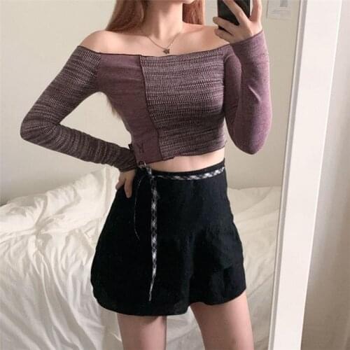 Korea Butterfly Embroidery Harajuku Y2k Off-shoulder Top Gothic T-shirt Top Torticollis Stitching Short Long-sleeved Womens
