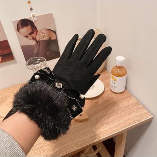 Rabbit Fur Mouth Bowknot Cashmere Gloves Korean Fashion Woolen Cloth Points Warmth Thickening Cycling Touch Screen Gloves Women