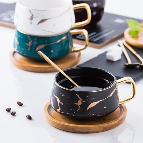 400ml European Luxury Ceramic Marble Pattern Coffee Cup Saucer with Spoon Home Round White Breakfast Milk Mug Afternoon Tea Cup