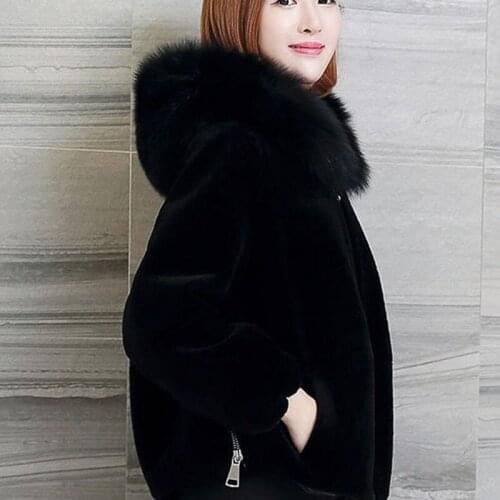 2021 Autumn Winter New Imitate Sheep Shears Velvet Fur Womens Coat Zipper Imitate Fox Fur Collar Hooded Slim Fur Ladies Jacket