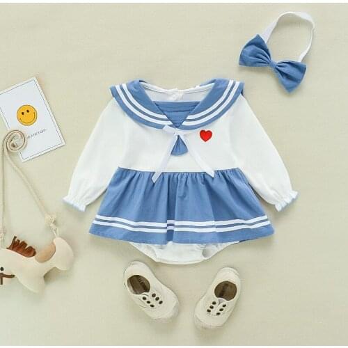 New Autumn Baby Girl Long Sleeved Navy Collar Striped Cartoon Animal Princess Romper