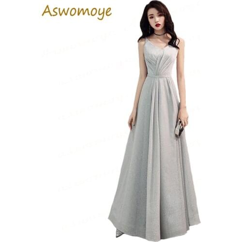 Sexy Evening Dress Women 2019 New Banquet High-end Silver Prom Dresses Sexy V-neck Spaghetti Strap Backless a Line Party Dress