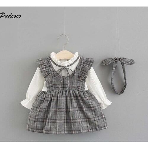 2020 England Style Kids Baby Girls Dress 0-2Y Spring New Plaid Long Sleeve Faux 2Pcs Ruffle Bow Dress Headband Sundress
