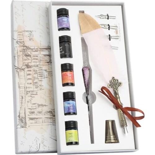 1 Set Vintage Calligraphy Feather Dip Pen Fountain Pens Writing Ink Nibs Stationery School Birthday Gifts