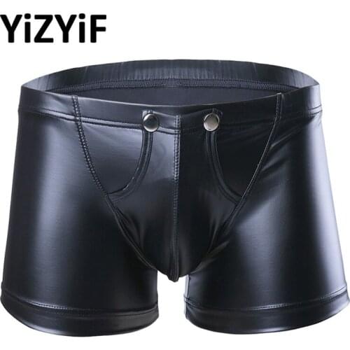 Sexy Men Lingerie Bikini Swimsuit Male Boxer Underwear Faux Leather Shorts Underpants Underwear Press Button with Bulge Pouch