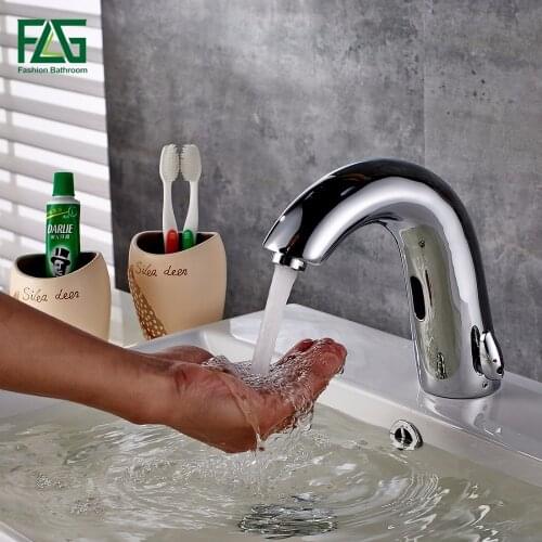 FLG High Quality Basin Faucet Chrome Cast Cold & Hot Hand Touch Tap Automatic Inflated Sensor Deck Mounted Crock Tap Mixer 8909