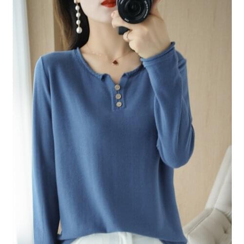 Pure Cotton Sweater 2021 Spring and Autumn New Women V-neck Pullover T-shirt Fashion Korean Knitted Top Jacket Large Size Female