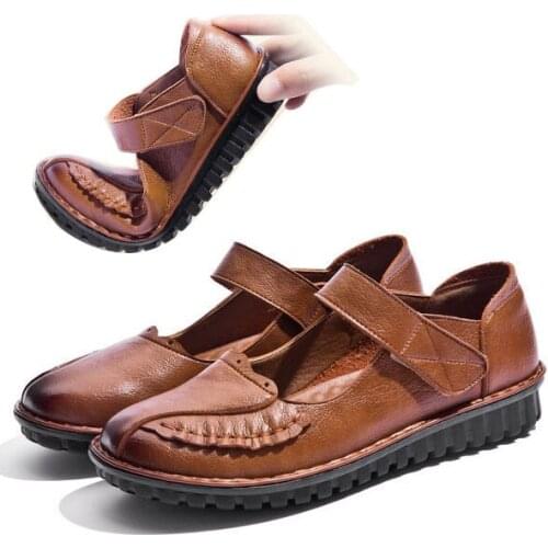 LIHUAMAO women casual shoes Leather wedge heel round toe soft comfortbale party work ladies low heel mary jane shoes brown