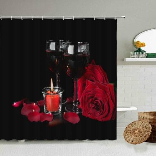 Red Wine Rose Candle Shower Curtain Creative Wedding Valentines Day Bathroom Decoration Waterproof Polyester Screen With Hook