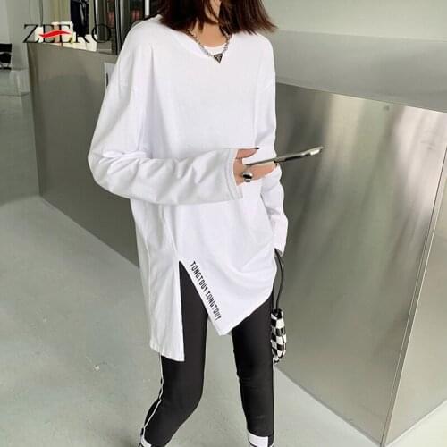 Autumn Spring Casual Long Sleeve Side Split Letter Embroidered Tops Women White Long Tees Vogue Harajuku Loose Woman Tshirts