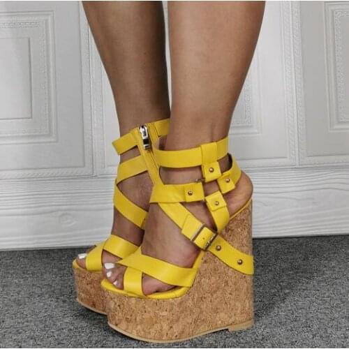 Linamong Summer Woman Yellow Rivets Platform Wedge Sandals Woman Zipper Cross Bands Cuts Out Sexy Club Sandals Shoes Lady