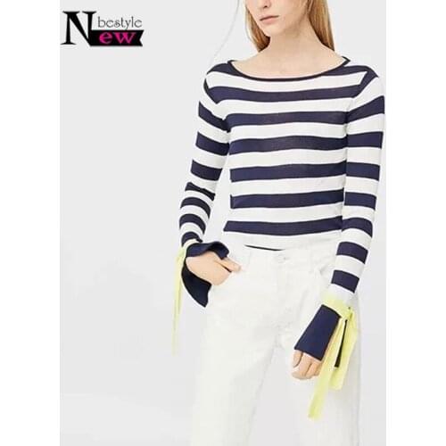 Women Casual Autumn Striped Crochet Sweaters Fashion Knitted Pullovers Sweaters Mujer Lace Up Sleeve Tops Women Winter Clothes