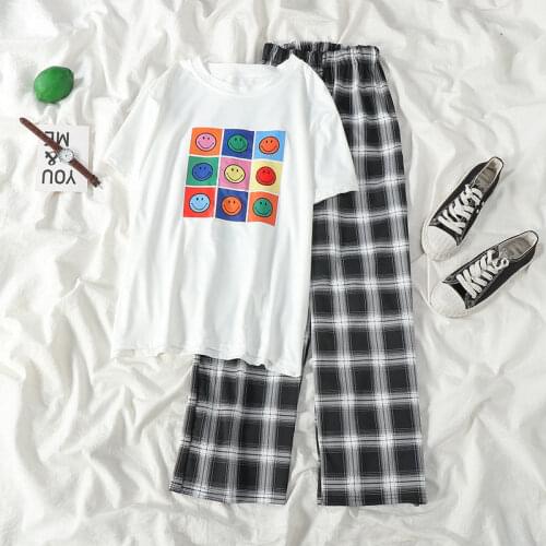Suit Female 2021 Summer New Student Korean Loose Casual Short-sleeved T-shirt + Two-piece Plaid Wide-leg Pants