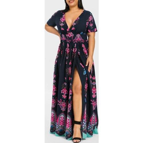 Women Summer Dress Plus Size Female V Neck Short Sleeve Floral Print High Split Sexy Boho Dress High Waist Maxi Long Dresses