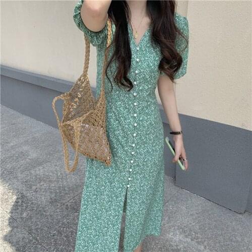 HziriP Gentle Korean Floral French Retro V-Neck Ladies Dress 2021 Elegant New Hot All-Match Casual Thin Puff Sleeve A-Line Dress