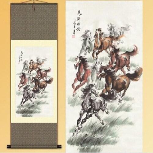 1pc Traditional Home Decoration Chinese Silk Scroll Painting Horse Gongbi Painting S129