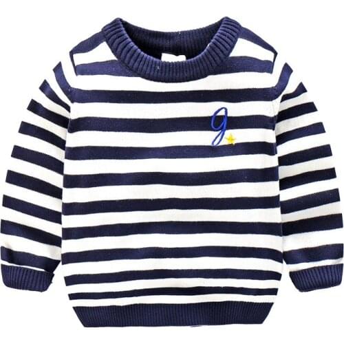2017 Childrens Sweater Baby Boy Clothing Winter New Warm Navy Striped Sweater Round Collar and Letter Embroidery Kids for Boys