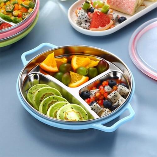 304 babys dining plate stainless steel dividing plate cartoon with cover deepens the separation plate to prevent falling child