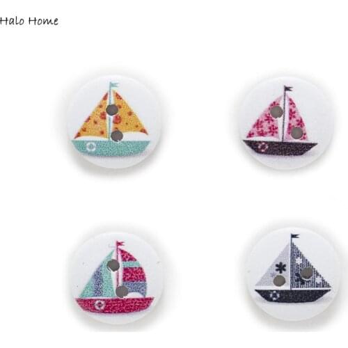 50pcs 2 Hole Mixed 2 Style Sailboat Round Wood Buttons Home Sewing Scrapbooking Clothing Decor Handmade DIY 15mm