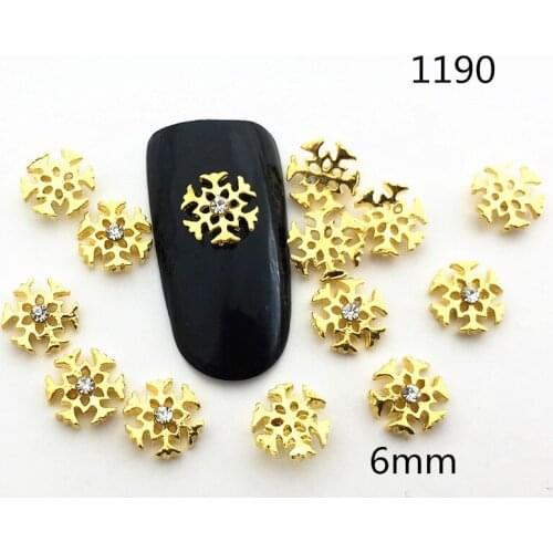 50pcs/Pack Christmas Day 6mm Gold Snowflower with Rhinestone 3D Bride Nail Art DIY Metal Accessories Design Charms Decals