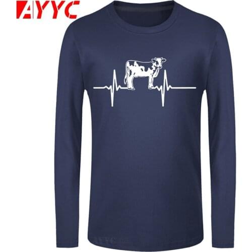 AYYC long sleeve tee Cow Heartbeat Mens T Shirt Cow Lover Farm Farming Animal Tee T shirt