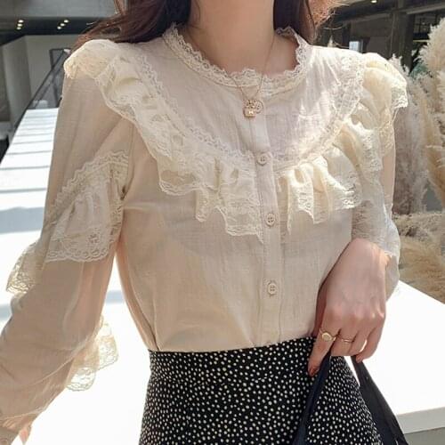 Blouse Women Blusas Mujer De Moda 2021 Apricot Cotton Linen Blouse Shirt Long Sleeve Stand Collar Lace Tops Women Blusa E147
