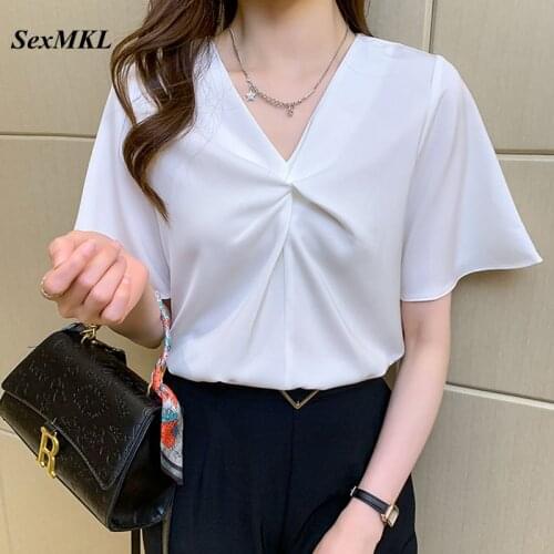 Summer V Neck Chiffon Blouses Women 2021 Korean Fashion Clothing Elegant Office Ladies Tops Sexy Shirts French Blusas Mujer XXL