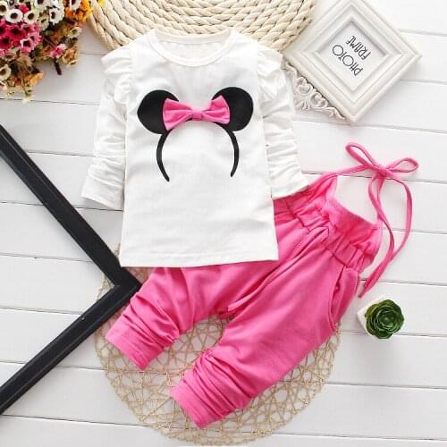 Baby Girl Spring Clothes Cartoon Headband Long Sleeved T-shirts Tops + Overalls 2PCS Infant Outfits Kids Bebes Jogging Suits