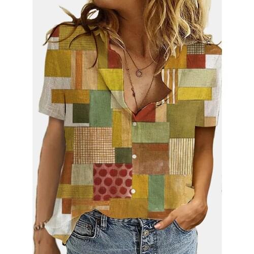 Elegant Women Cartoon Print Casual Shirt Fashion Summer Short Sleeves Button Cardigan Blouse Lattice Autumn High Cold Style New