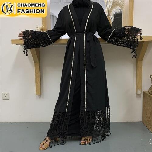 Muslim For Women Open Abaya Kimono Long Lace Tassel Sleeve With Peals Latest Design Dubai Islamic Clothing Ramadan Turkey Arab