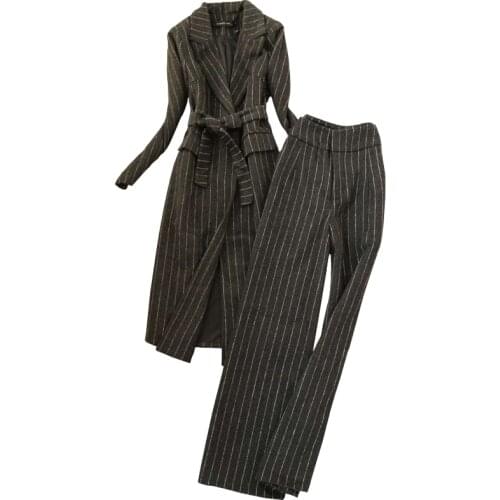 Large size Set fashion womens autumnnew fashion slim long woolen striped suit trench coat + high waist wide leg pants two-piece