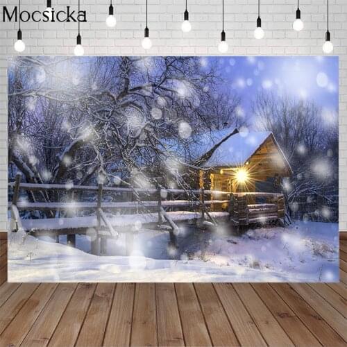 Mocsicka Winter Snow Scene Houses Photography Background Forest Bokeh Backdrop Children Portrait Decoration Props Photo Studio