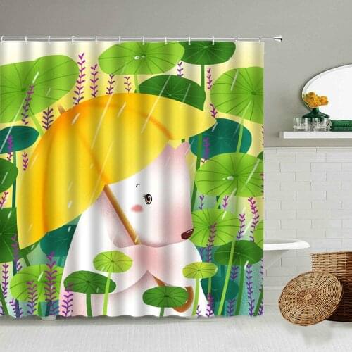 Cartoon Hand Painted Cute Bear Rabbit Deer Animal Shower Curtain Forest Green Plant Leaf Flower Child Bedroom Bathroom Screen