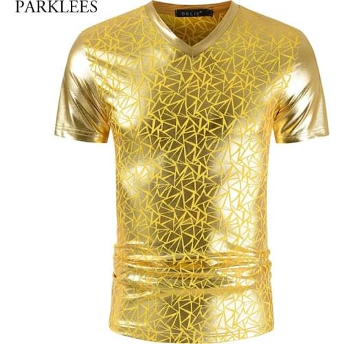 Geometric Gold Metallic Tshirt Men 2020 Nightclub Party Prom Mens T Shirts Hip Hop Slim Fit V Neck Streetwear Tee Shirt Homme