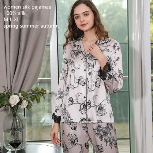 Naizaiga 19 Momme 100% silk women black white Lotus women long sleeve long pants women pajamas suit , SKFS1