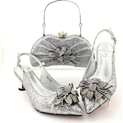 New Fashion Silver Heel 7CM Women Pumps Match Bag With Rhinestone Flower Decoration African Shoes And Handbag Set QSL030
