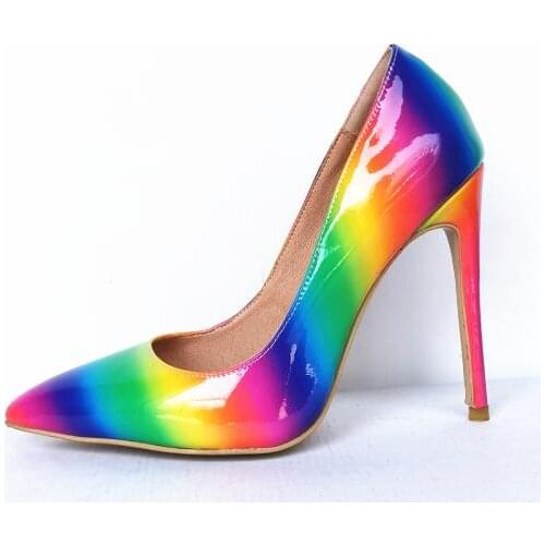 Dipsloot Woman Fashion Patent Leather Rainbow Shallow Slip On Pumps Pointed Toe 125 mm Stiletto Heels Sexy Party Dress Shoes