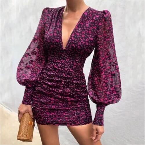 Foridol Deep V Neck Lantern Sleeve Print Bodycon Party Dress Women Ruched Mini Club Christmas Dress Mini Autumn Winter Vestido