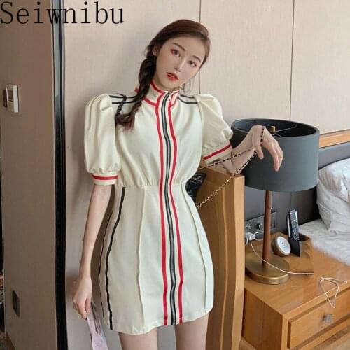Summer Dress Fashion High Street Straight Striped Short Puff Sleeve Above Knee, Mini Turtleneck Summer Sundresses and Dresses