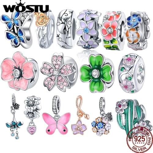 WOSTU Authentic 925 Sterling Silver Colorful Flowers Beads Charms Pendant Fit Bracelets Women Fashion DIY Jewelry Gift Making