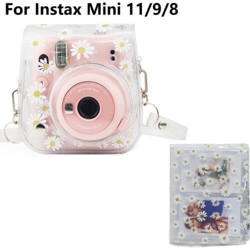 Transparent Daisy PVC Protective Case Bag + 64 PocketAlbum For Fujifilm Instax Mini 11/9/8 Camera with Shoulder Strap