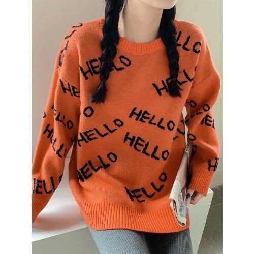 2021 Retro Letter Pattern Long Sleeve Pullover Knit Femal Round Neck Korean Version Loose Large Size Pullover Jumpers Women Tops