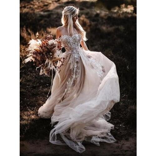 Romantic Floral Lace Country Wedding Dresses A Line Off Shoulder Backless Sexy Tulle Beach Boho Bridal Gowns Long Bohemian Bride