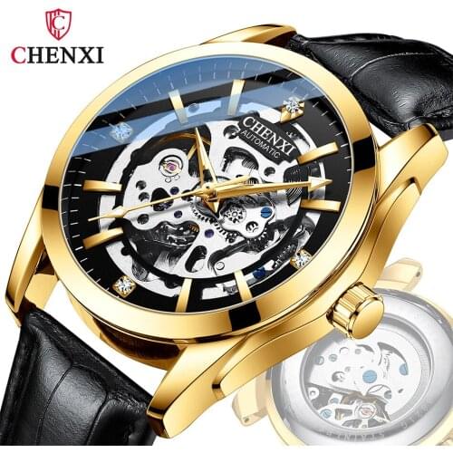 Luxury Casual Mechanical Watches Men Glod Auto CHENXI Brand Genuine Leather Luminous Pointer Water Resistance Male Gift Clock