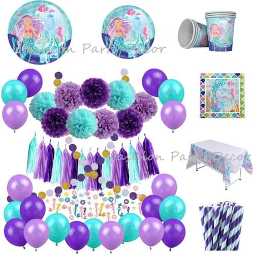 Mermaid Birthday Tableware Decoration Party Plates Cups Napkins Straws Paper Tassel Flower Ball&Confetti Balloons for Wedding