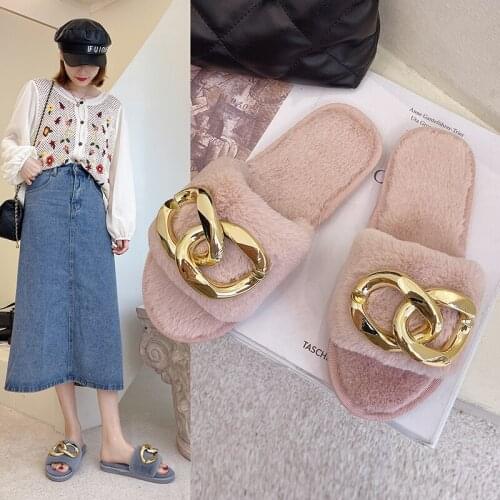Autumn Fluffy Women slippers Gold Chain Fur slippers Shoes Women Fox Fur Flip Flop Flat Furry Fur Slides Outdoor Sandals Woman
