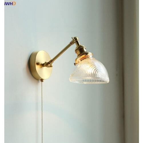 IWHD Pull Chain Switch LED Wall Lights For Home Lighting Bathroom Mirror Stair Light Nordic Modern Copper Glass Wall Lamp Sconce